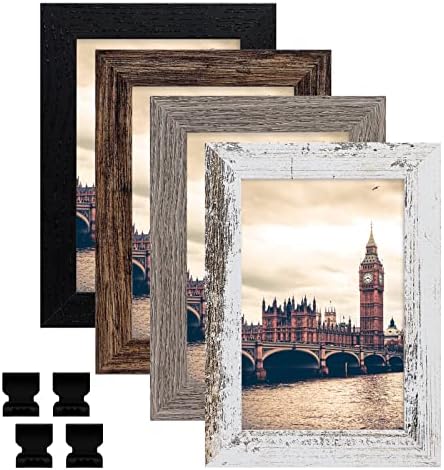 рамка за снимки 4x6, Селски рамка за снимки от композитни дърво, Комплект от 4 рамка от закалено стъкло, рамка за снимка, за снимки с размер 3,5x5 с мат или 4x6 без подложка