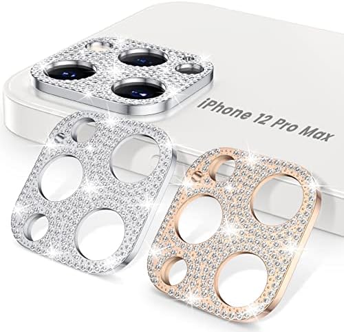 Goton [2] за iPhone 12 Pro Max Защита на обектива на камерата, Лъскав Метален Защитен калъф за обектив с диаманти за iPhone 12 Pro Max 6,7 инча (Сребро + Rose gold)