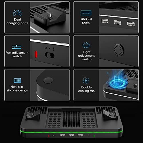 Охлаждаща поставка за Xbox X series/S с докинг станция за зареждане, зарядно устройство, MENEEA за контролер с RGB led подсветка, 3 USB порта, Комплект аксесоари за вентилатора-охл
