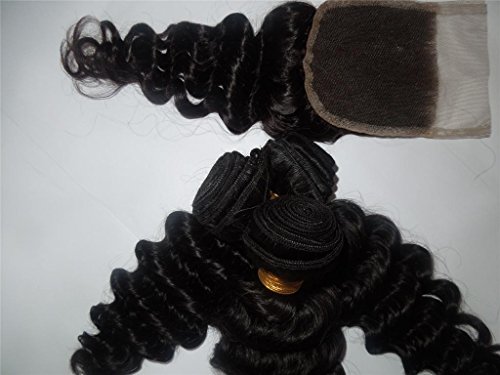 HairPR Коса Китайски Девствени Човешка коса 1 Затваряне (4X4) + 3 връзки Дълбока вълна 10-28 инча Естествен
