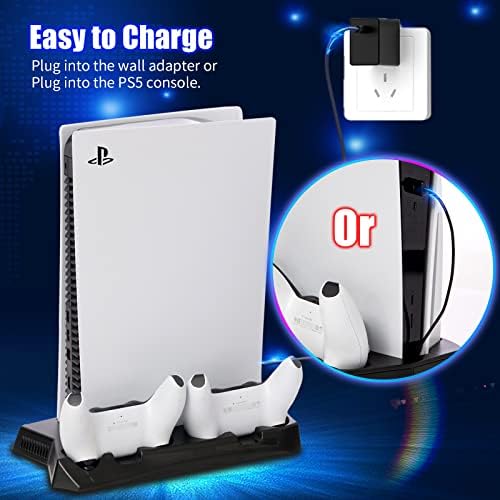 Вентилатор за охлаждане PS5, Охладител PS5, Вертикална стойка за Playstation 5 Digital Edition и игрова конзола Ultra HD с Двоен индикатор на зарядното устройство, USB-портове, за да PS5 (bla