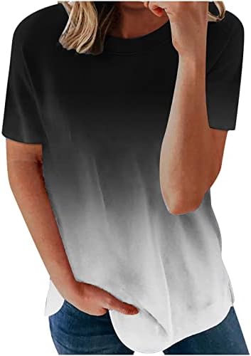 Тениски за Жените С Кръгло Деколте, Летни Блузи с Градиентным Цветен Блок, Къс Ръкав, Туника Свободно, Намаляване, Ежедневни Тениска, Блуза
