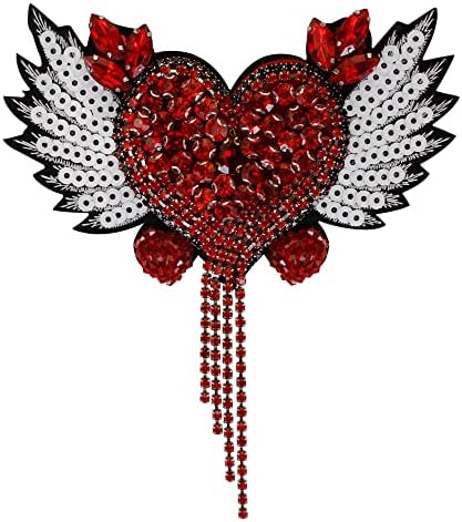 2 бр. Ленти с Червени Кристали във формата на Сърце, Ленти с пайети във формата на Крило, Апликация от Ръчно изработени Sew-Декоративни