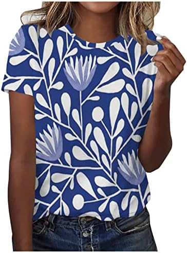 Дамски Пролетно-Летни Блузи 2023, Ежедневни Тениска с кръгло деколте и Цветисти Принтом, Блузи с Къс ръкав