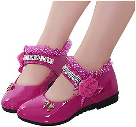 Кожени обувки за малки момичета с цветя модел, Модел обувки Mary Jane, Ежедневни балет апартаменти без закопчалка на равна подметка, вечерни учебни обувки (ярко-розово,