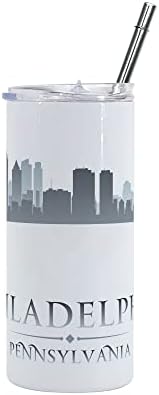 Съраунд чаша Philadelphia Skyline на 12 унции, Нюанси на сивото, Минималистичная градска линия с типографией