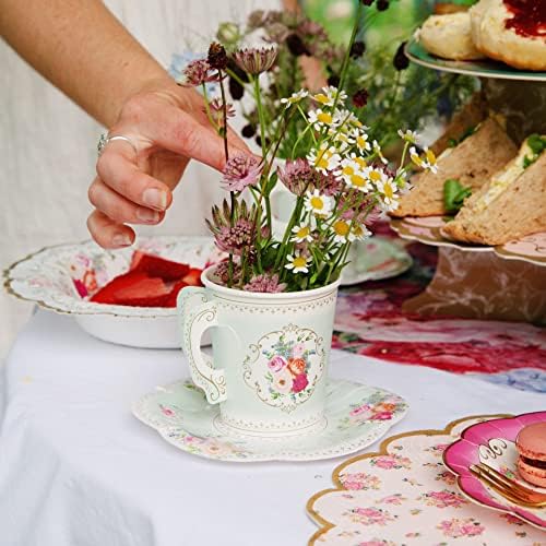 Говорещи Маси наистина Вкусна Реколта Хартиени Чаени чаши с дръжки и чинии в цветенце за Чай или за рождения Ден (24 бр.)