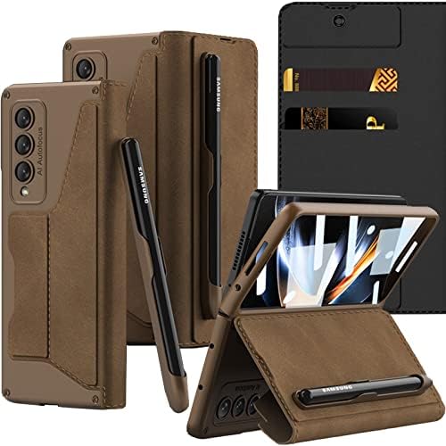 Калъф NINKI Brown Съвместим (притежател на S Pen) Калъф за Samsung Galaxy Z Fold 4, Държач за карти и Защитно фолио за екрана, устойчив на удари чанта-портфейл от изкуствена кожа + PC, ка
