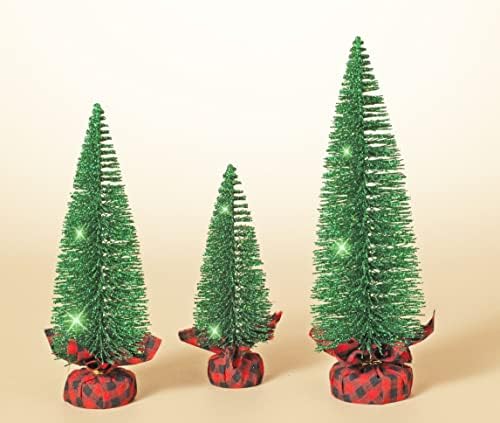 Комплект от 3 настолни коледни коледни елхи с игристыми зелени бутылочными пискюли с Височина от 7 до 11 инча с основание, обернутым червена и черна кърпа.