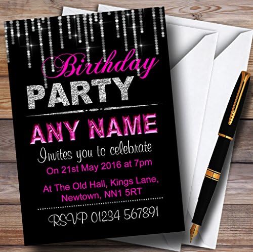 Персонални Покани на парти по случай рождения Ден със Сребрист и Ярко-Розов Блясък