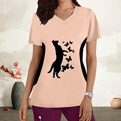 Ризи с Г-образно ръкав за Жени, Дамски Топ Размера на Плюс, V-Образно Деколте, Риза с Къси Ръкави и Принтом Котки, Блуза, Жените Риза
