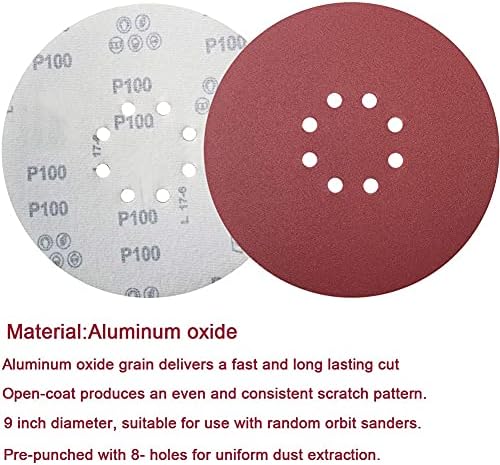 BVIDE 100 бр. Смилане и абразивни дискове 9 инча 225 мм, 8 дупки, шлифовъчни дискове с куки и вериги, шкурка от алуминиев оксид (Цвят: червен, размер: 120)