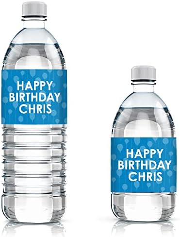 Персонални Сини Етикети за бутилки с вода Happy Birthday Party с име - Водоустойчива обвивка - 24 Етикети