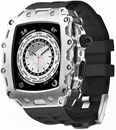 Комплект модификация EKSIL за Apple Watch Series 8 7 Метален bezel 45 мм + каишка от каучук за iWatch Series