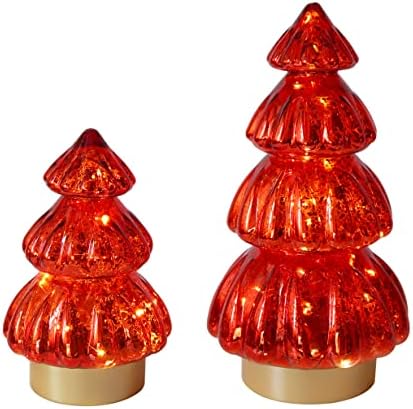 Статуетка на Коледната елха от живачен стъкло с подсветка, работеща на батерии с таймер за централните елементи, Прозорец, Маса, Камина полк, Тежко Стъкло е Червено,