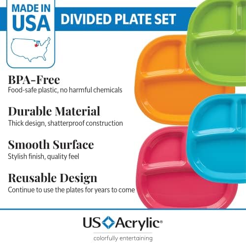 Американски акрилни детски тава Harmony разделени на 3 офиса в 4 цвята Calypso | комплект от 12 Многократно чинии, които не съдържат BPA, производство на САЩ, Съдове за микровъ?