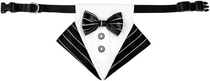 XQSSB Сватбен костюм в британския стил, Шал За куче, Яка, Кърпа За домашни любимци, Слюнка, Сватбен Триъгълен Шал за Кучета (Костюм с триъгълен шал в черно-бяла ивица, L)