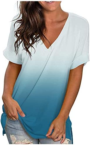 Дамски Летни Блузи, Модни и Ежедневни Свободна тениска с градиентным V-образно деколте и къс ръкав, Потници, тениски свободно