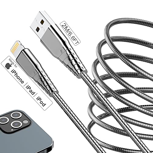 Кабел за зарядно на iPhone в метална оплетке Дължина 6,6 фута / 2 м, Кабел Lightning, Сертифициран от Apple Пфи, Кабел