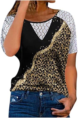Дамски Летни Тениски, Дантелени Блузи в стил Мозайка с къс ръкав, с Модерна Риза с графичен принтом, Летни Ежедневни Блузи Свободно