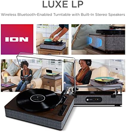 ION Audio Luxe LP – Плеър грамофонни плочи с Bluetooth говорители, конвертиране USB, в пълен размер плоча, Автоматично спиране, изход за слушалки, 3 скорости