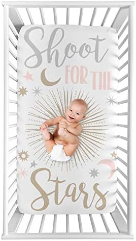 Sweet Jojo Designs Чаршаф за детски легла със звездите и Луната, за момичета или Легло за деца за Фотосесия в бебешко - Розова, златна, сиви и бели Нюанси за Небесните Звезди