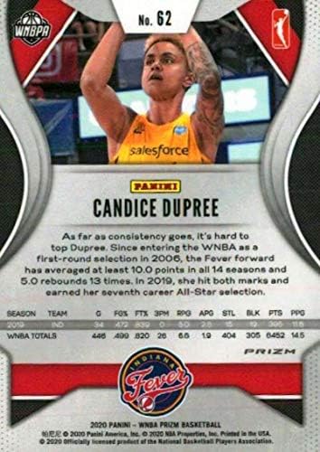 2020 Панини Prizm WNBA Prizms Сребро 62 Кандис Dupree Баскетболно търговска картичка Indiana Fever