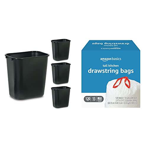 Rubbermaid Commercial Products 28QT / контейнер за боклук с обем 7 литра, черен (FG295600BLA), опаковка от 4 високи кухненски торби за боклук с завязками Basics, 13 Литра, 120 отделения