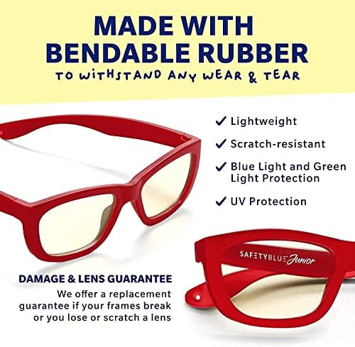 SafetyBlue Младши . Детски очила за дневно и нощно време, и аксесоари за игри - Гъвкави, лекарства без рецепта, блокер, синьо (и зелени) светлина за безопасно използване на