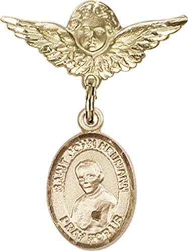 Детски икона Jewels Мания за талисман на Свети Джон Нойман и пин Ангел с крила | Детски иконата със златен пълнеж с талисман