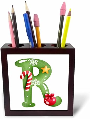 3dRose Сладък Коледни Държатели за писалки, Украсени зелен пузырьком с монограм Initial R - Tile (ph-371263-1)