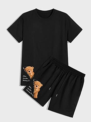 NIBHZ Комплект дрехи от две части за мъже, тениска с изображение на мечка от анимационни и късометражни филми на експозиции (Цвят: черен, размер: малък)