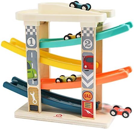 НАЙ-ЯРКИ Детски Дървени писти Car Ramp Играчки за деца на 1-2 години, Развиване на Мотор, Писти Car Рампа, Игрални