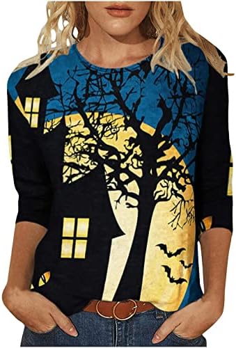 Риза с кръгло деколте на Хелоуин, Дамски Модни Свободна Тениска с Принтом, Блуза, със средна дължина, С 3/4 ръкави, Ежедневни