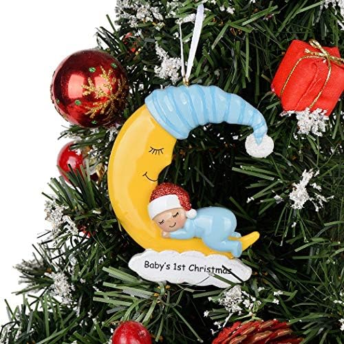 1-во Коледен Персонализирани украшение за бебето - Афроамериканский Момче Спи на Луната - Коледен орнамент за малки деца