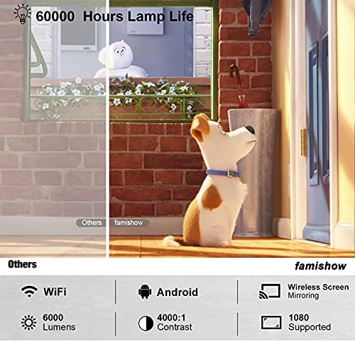 Умен проектор Famishow Android TV 9.0, мини проектор с вграден Wi-Fi и Bluetooth, с подкрепата на 8500 лумена 4K и 250-инчов