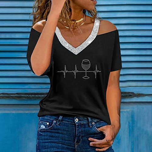 Лятна Есенна Тениска с Дълбоко V-образно деколте за Момичета, Къс Ръкав, Открити Рамене, Памучен Блуза С Пайети, Тениска за Жени