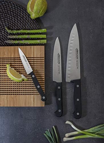 Набор от ножове ARCOS от 3 теми - от неръждаема стомана Nitrum и миллиметровое нож. Професионален кухненски нож за готвене. 590 гр. Ергономична дръжка от полиоксиметилена с
