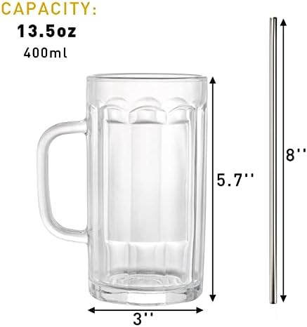 ZENFUN 8 Опаковки Тежки Големите Бирени Чаши, Стъклени Халби за Бира с обем от 14 Унции с дръжка и Соломинками от Неръждаема