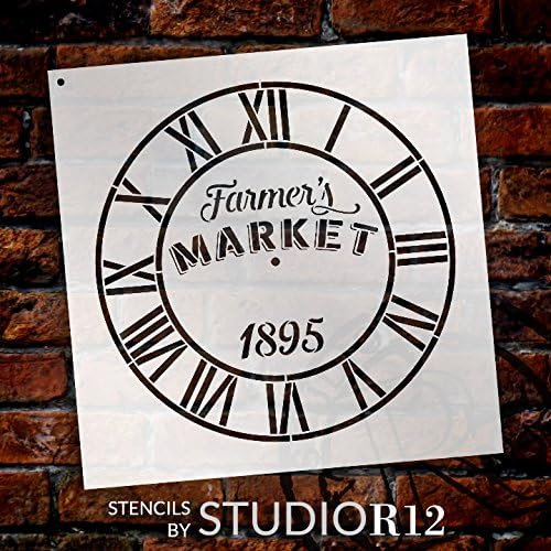 Шаблон с кръгли часове - Промишлени римски цифри - Думи с ферма на пазара - От малки до много големи рисувани върху