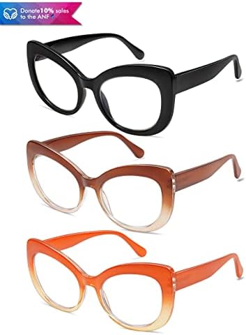 AMOMOMA 3 Опаковки Стилни Големи Очила за четене Котешко око за жени, Модни Очила за четене, Сини Леки Квадратни Компютърни
