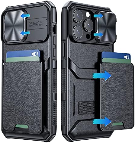 Чанта-портфейл Hoerrye за iPhone 14 Pro Max с държач за карти [Прибиращият се капак камера] [Подвижни мрежи за съхранение на 5 кредитни карти] Защитен калъф военен проба за iPhone 14
