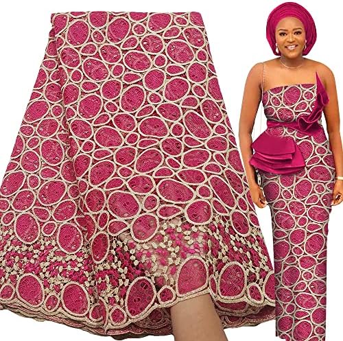 Bestway Елегантна Африканска Лейси Кърпа 5 Ярда Нигерийская Бродирана Кърпа Френска Лейси Плат за Сватбена рокля (Розова Fuschia)