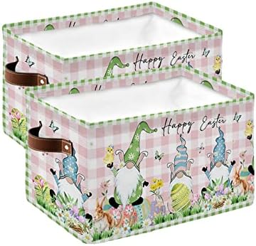 Кошница за съхранение на Пролетни Великденски яйца, Цветя и Джуджета, Кошница за съхранение с Дръжки, Розова, Бяла Зелена Решетчатая