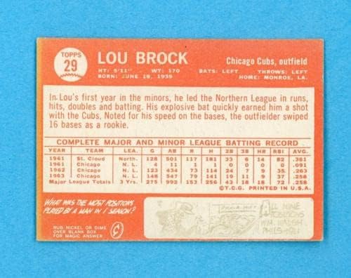 1964 Бейзболна картичка Topps #29 Лу Брока Чикаго Къбс EX+ - Ex/ Mt o / c dc bk - Бейзболни картички с надписи