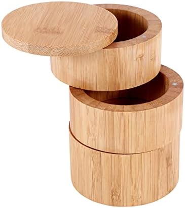 Бамбук Тройната Кутия за сол Spacesea, Дървена Кутия, 3-Ярусная Кръгла Бамбук Кутия за Сол или Подправки с Магнитна Въртящ