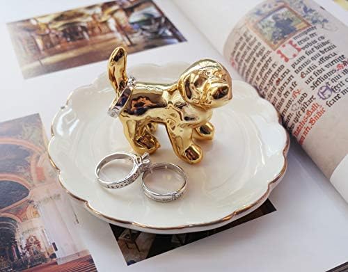 Луксозен порцелан титуляр за пръстени с чаровна куче, керамичен поднос за да накити, чиния за гривни, десертно блюдо - идеална