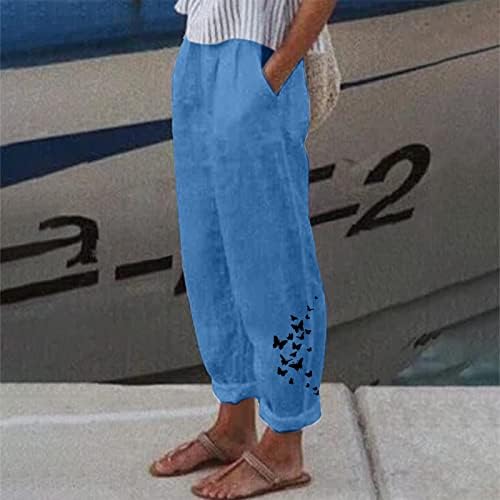 Дамски ленени Панталони Капри се отпуснете глезените са подходящи летни всеки ден с принтом с еластична талия съкратен зауженные панталони с джобове
