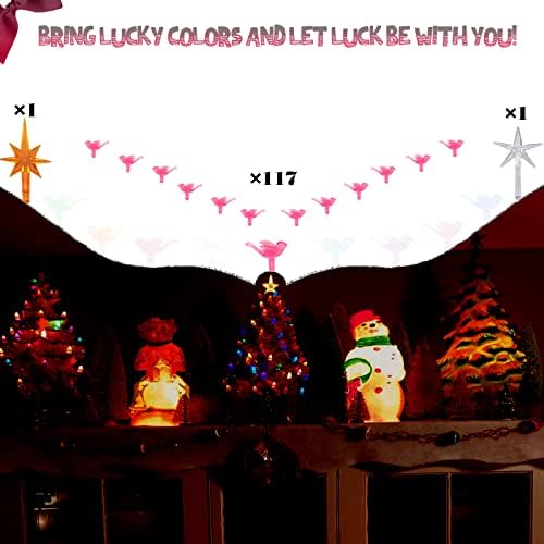 117 бр. Керамични Коледно Дърво с Розова Птица, Подмяна на крушки и 2 бр. Коледа Topper със Звездите на Ретро Керамични занаятчийски продукти - Аксесоари за дърво коледна