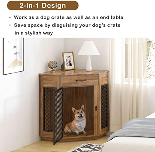 SDHYL Ъглова Мебел за кучета, с чекмедже, Дървена Приставной масичка за малки Кучета, Окото Конура за кучета с врата и